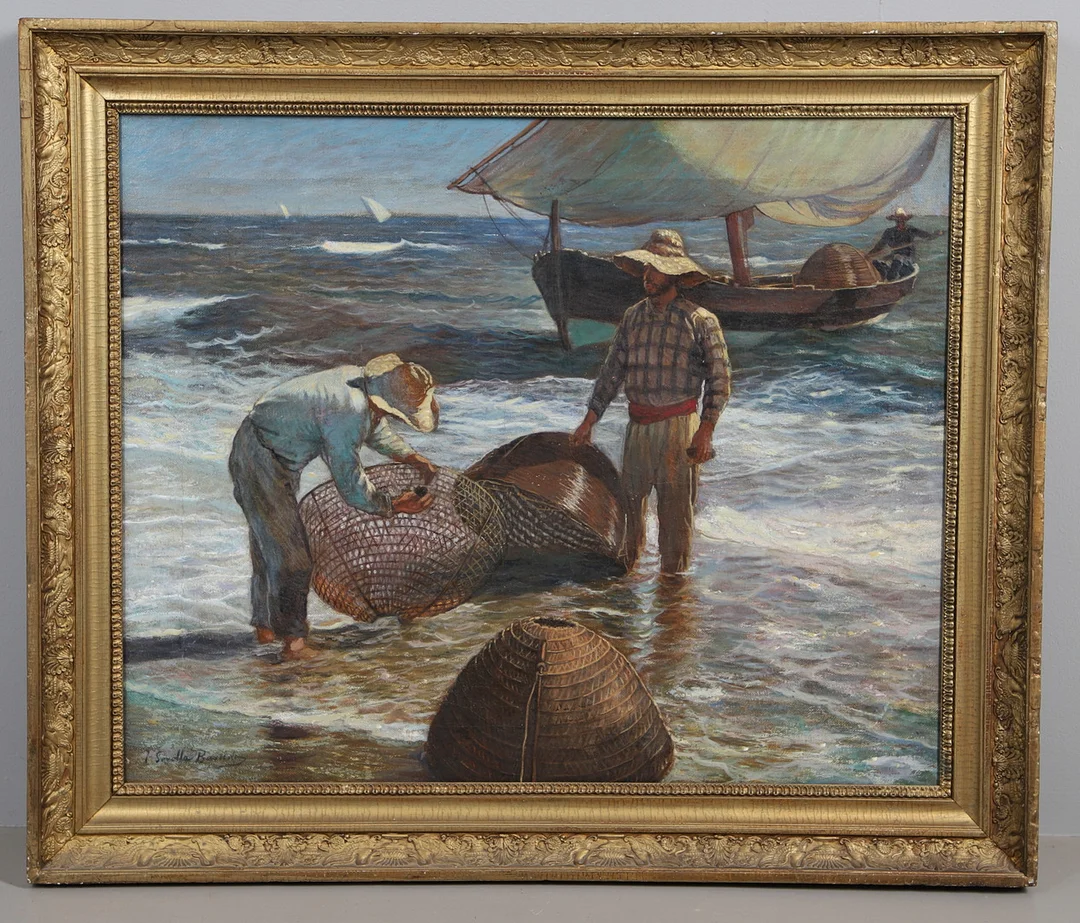 AFTER JOAQUÍN SOROLLA Y BASTIDA (1863-1923). MEDITERRANEAN COASTAL SCENE WITH FISHERMEN UNLOADING THEIR BOATS. — Paintings — Lawrences Auctioneers