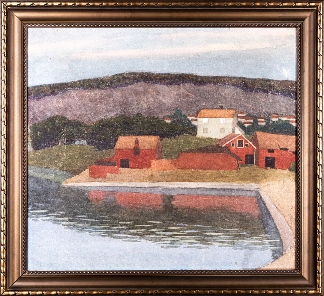 ESTER ALMQVIST. Olja på duk, Tillskriven, By vid hamn motiv. — Paintings — Norrlands Auktionsverk