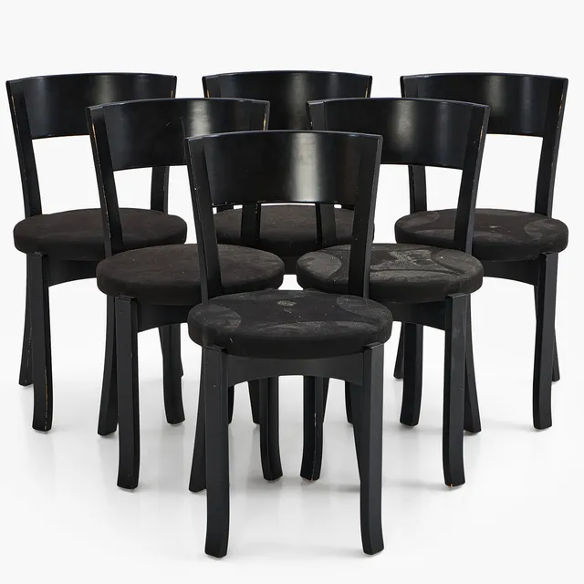 ÅKE AXELSSON. Stolar, 6 st, "S 217", Gärsnäs, modellen formgiven 1963, svartlackerad bok och textil.
