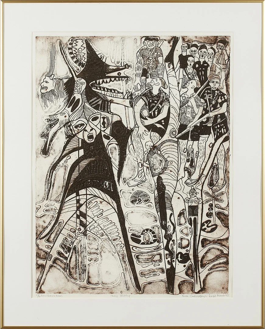 BRUCE ONOBRAKPEYA (F. 1932). Eru, "brown base deep etching". — Engravings & Prints — Crafoord Auktioner Stockholm