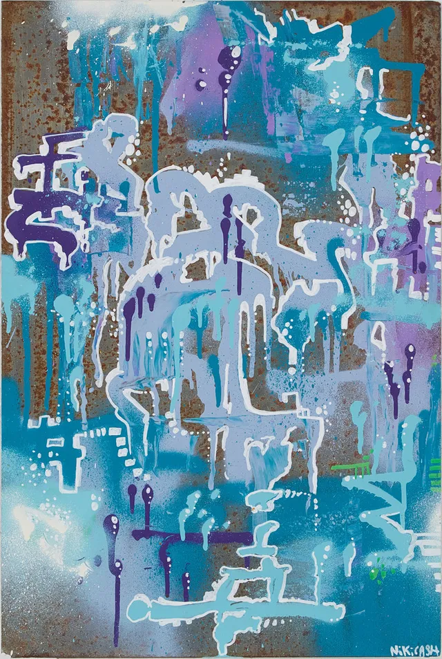 NIKI CASH (FÖDD 1973). Komposition, signerad Niki Cash, daterad a tergo 240128, mixed media/graffiti på plåt.