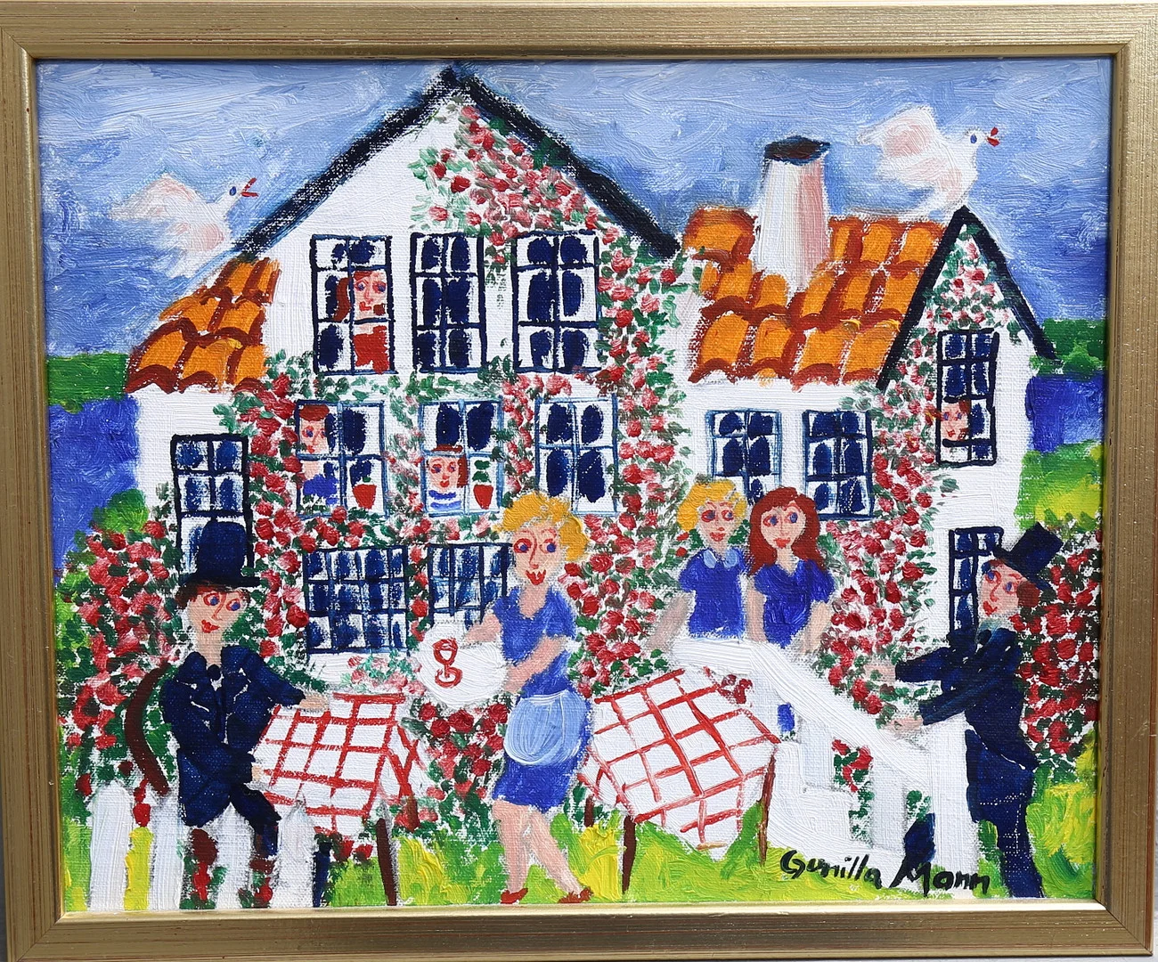GUNILLA MANN. "Restaurang Intim Österlen", olja på duk, signerad. — Paintings — Auktionshuset Kolonn