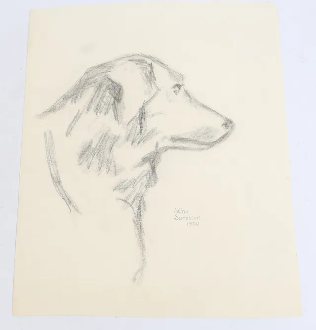 STINA SUNESSON. Motiv med hund, teckning, signerad och daterad 1954,oramad.