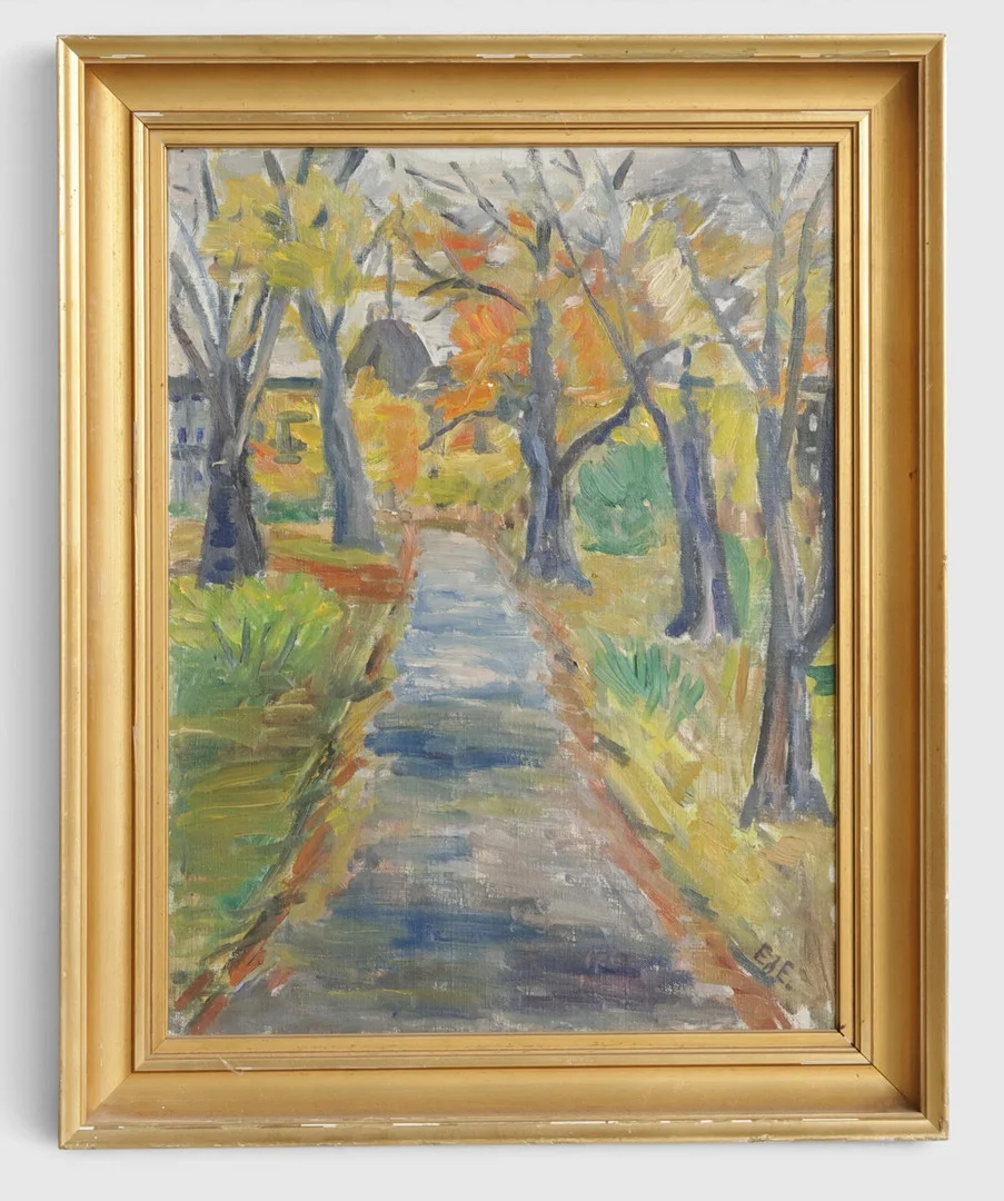 Uden titel. Allé med træer, olie på lærred. Ubekendt dansk maler, sign. "Eje". Danmark, ca. 1960-70'erne. — Paintings — Woxholt Auktionshus