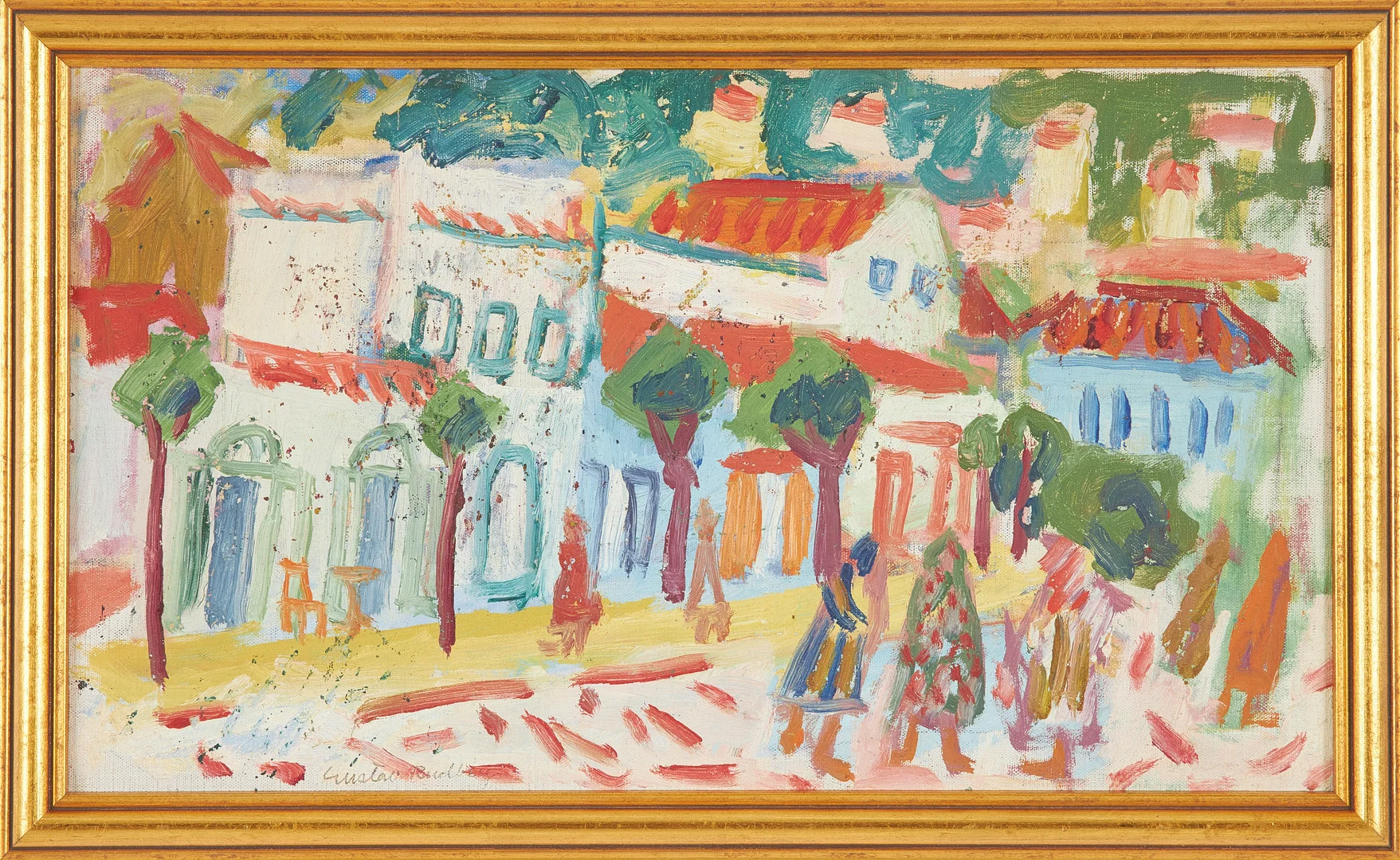 GUSTAV RUDBERG. Stadsmiljö med figurer träd, olja duk på pannå, signerad i blyerts. — Paintings — Stockholms Auktionsverk Sickla