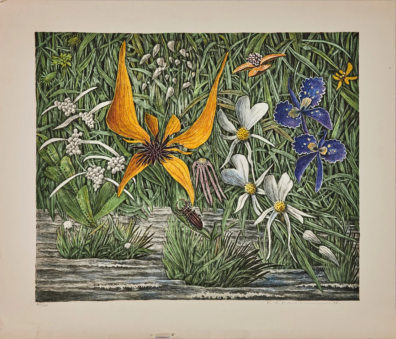 KARL AXEL PEHRSON. Blommotiv med skalbagge, signerad och daterad Karl Axel Pehrson 96, litografi, numrerad 201/290. — Engravings & Prints — Stockholms Auktionsverk Sickla