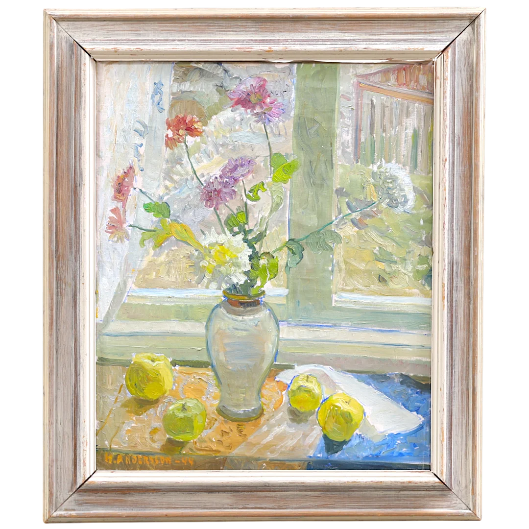 HELGE ANDERSSON. "Blomsterstilleben med äpplen", olja på duk, signerad och daterad -44. — Paintings — Gomér & Andersson Nyköping