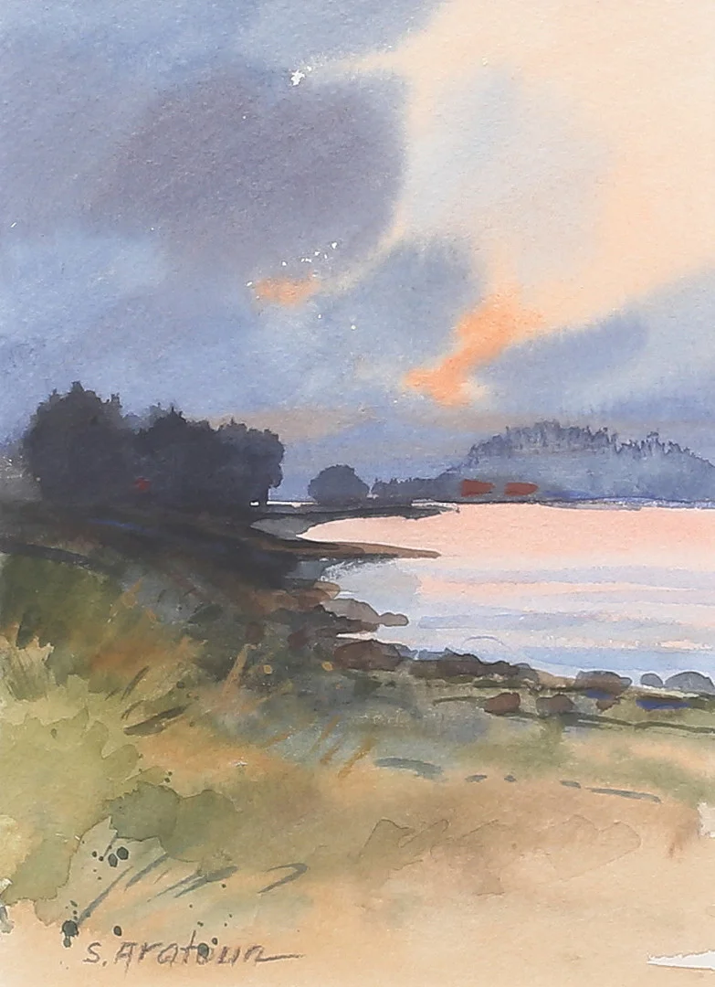 SARO ARATOUN. Havslandskap. Akvarell, signerad. — Paintings — Auktionshuset Thelin & Johansson