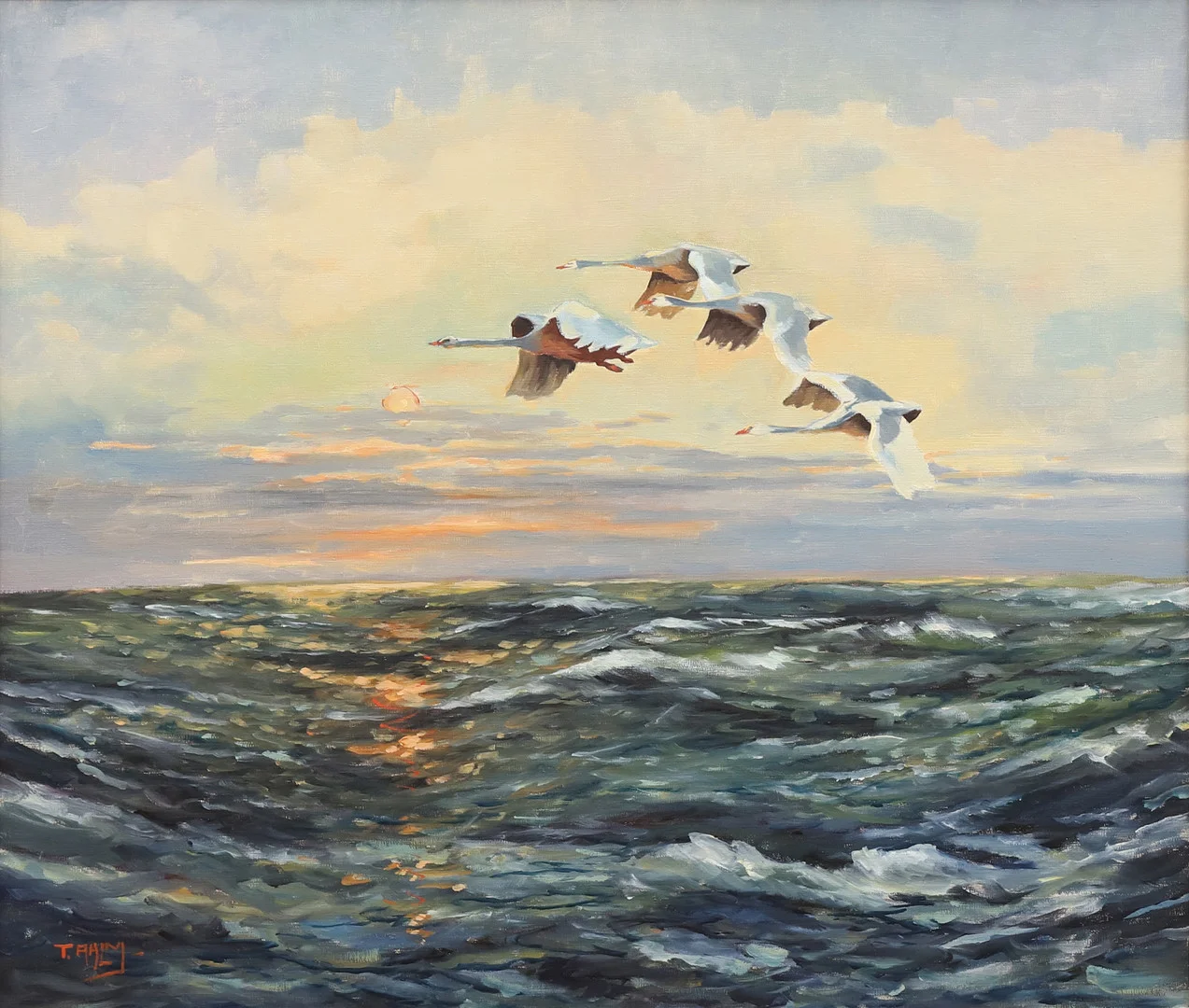 TAGE RUDOLF AHLM. Svanflykt, olja på duk, signerad. — Paintings — Garpenhus Auktioner