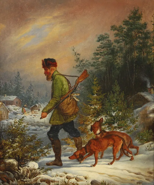 KILIAN ZOLL. Jägare i vinterlandskap, olja på duk, signerad K. Zoll.
