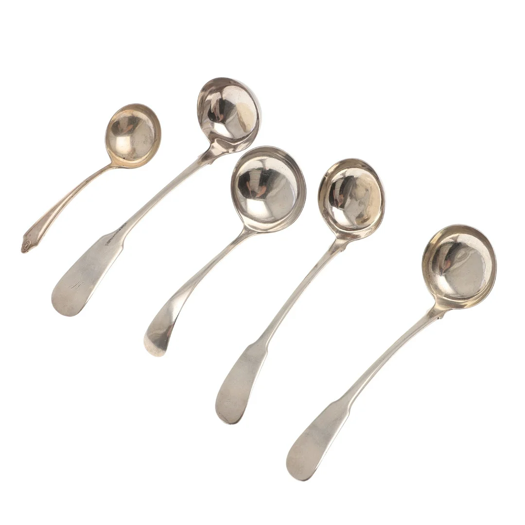 A PAIR OF GEORGE IV SCOTTISH SILVER SAUCE LADLES AND THREE OTHERS. — Silver — Lawrences Auctioneers