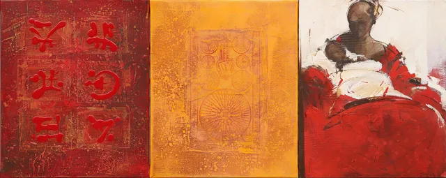 DANKA JAWORSKA (FÖDD 1951). "Hon, som älskar och är älskad", olja/blandteknik på duk, triptyk, signerad.