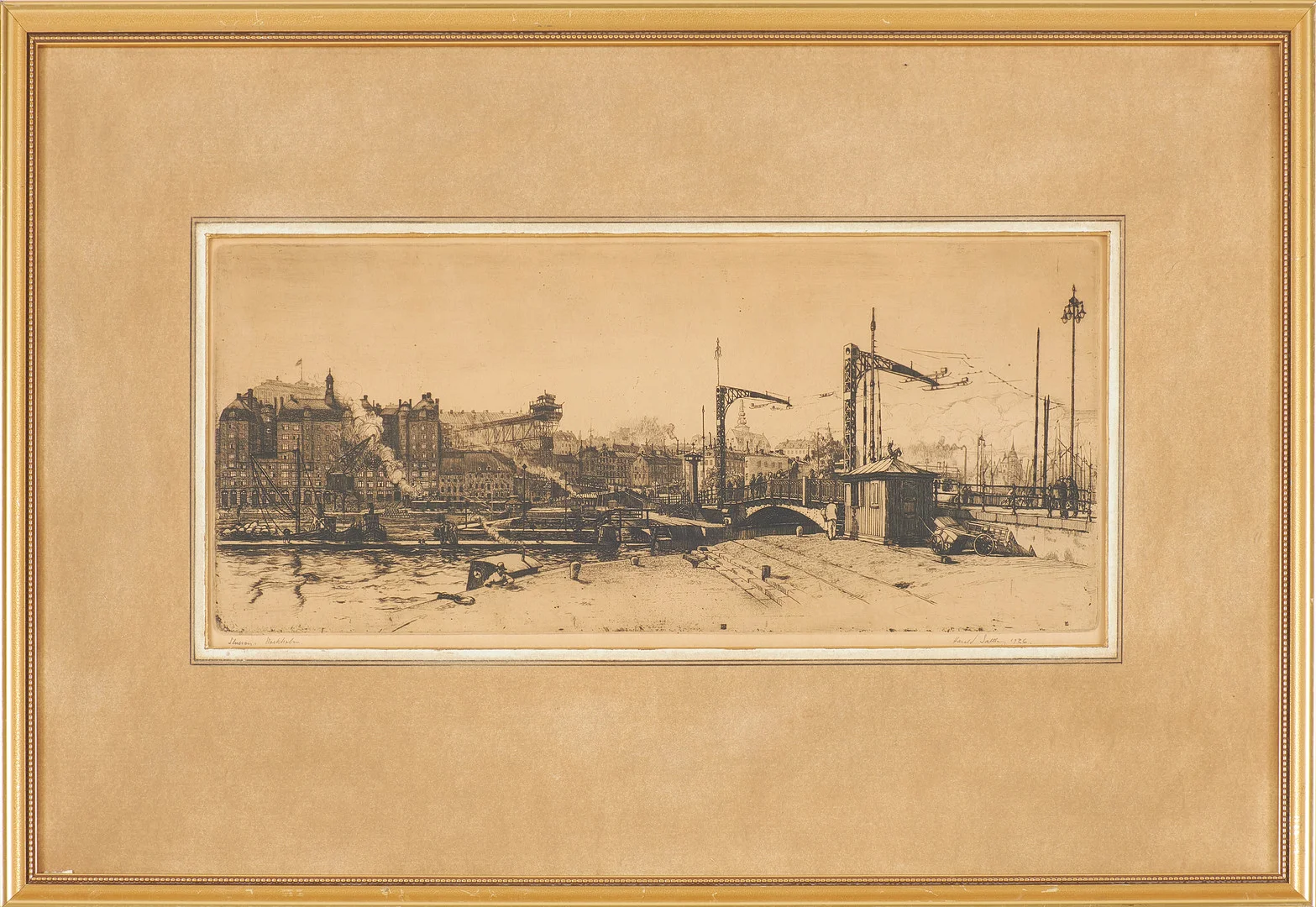 HARALD SALLBERG. torrnålsgravyr, Slussen, Stockholm, signerad samt daterad 1926. — Engravings & Prints — Stockholms Auktionsverk Sickla