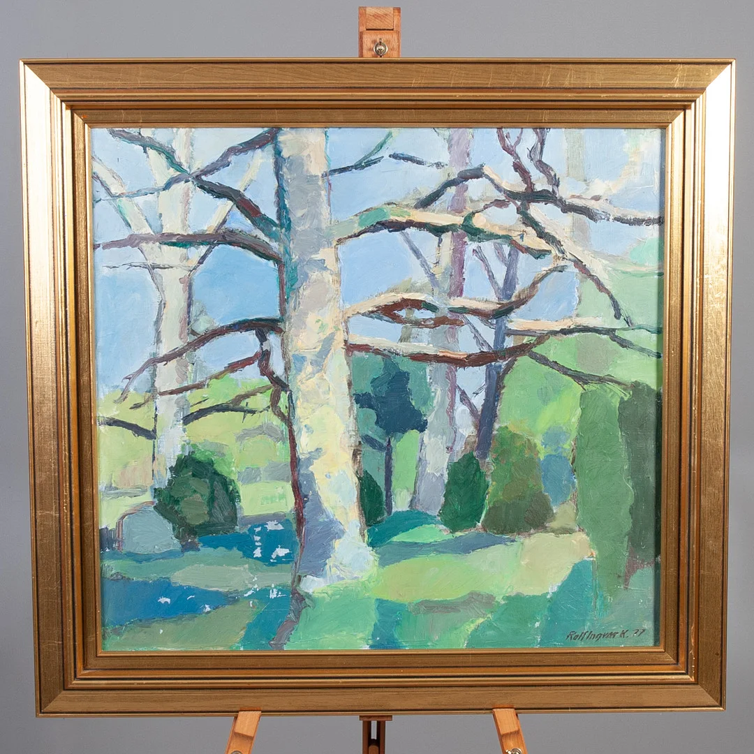 ROLF INGVAR KARLSSON. Olja. "Ekar i vårgrönska", signerad och daterad -77. — Paintings — Laholms Auktionskammare