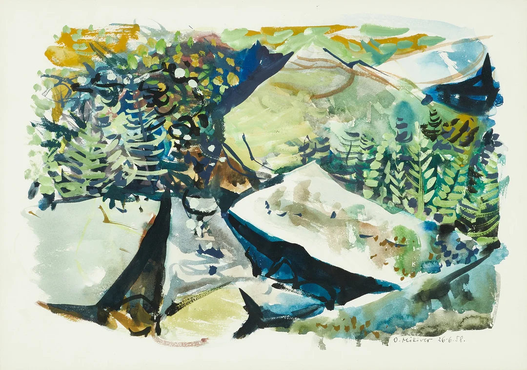OLEV MIKIVER (Estland 1922-1994): Landskap, signerad och daterad O. Mikiver 26.6.58, akvarell. — Paintings — Crafoord Auktioner Stockholm