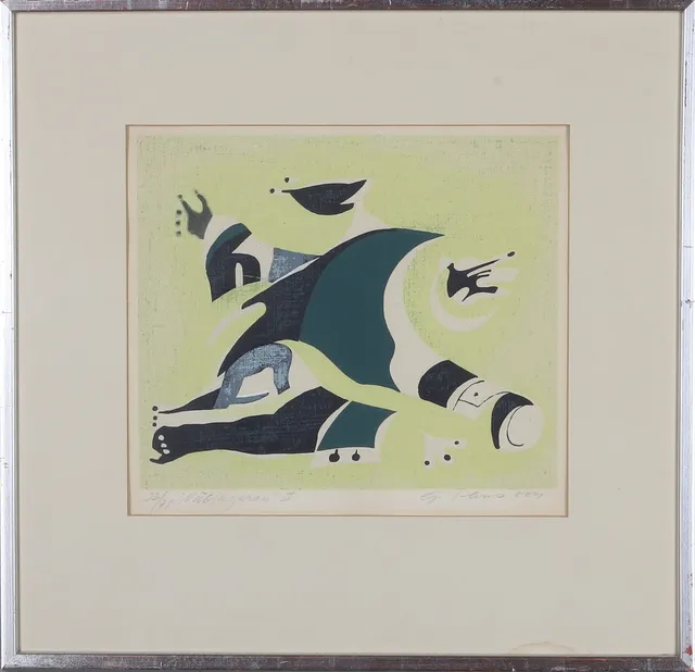 GUNNAR JOHANSSON. "Nätlagaren II", färglitografi, signerad och numrerad 32/75.