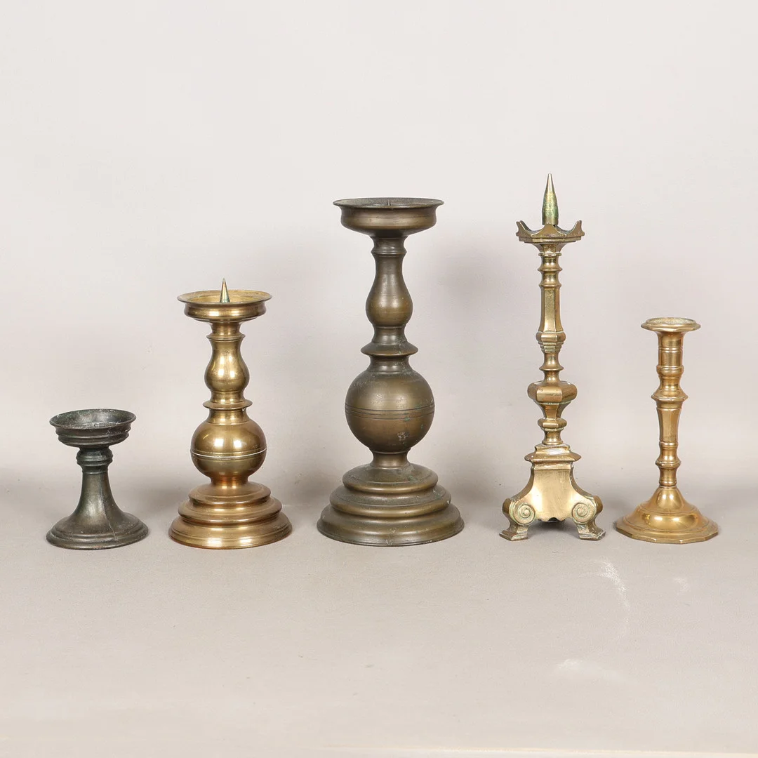 A SELECTION OF PRICKET CANDLESTICKS (5). — Pewter, Brass & Copper — Bishop & Miller