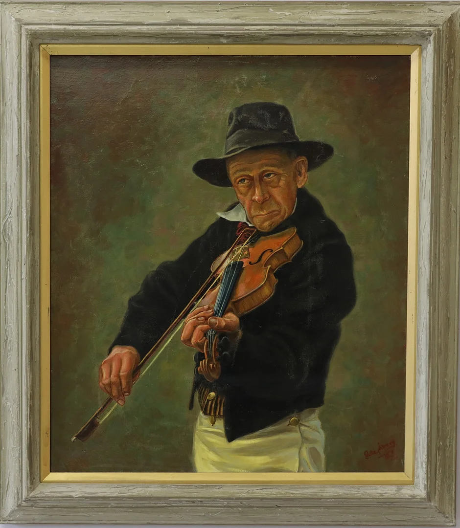 PALLE ÅBERG. Olja på duk, "Riksspelman Verner Vennberg" Selånger, 1960-tal. — Paintings — Hälsinglands Auktionsverk