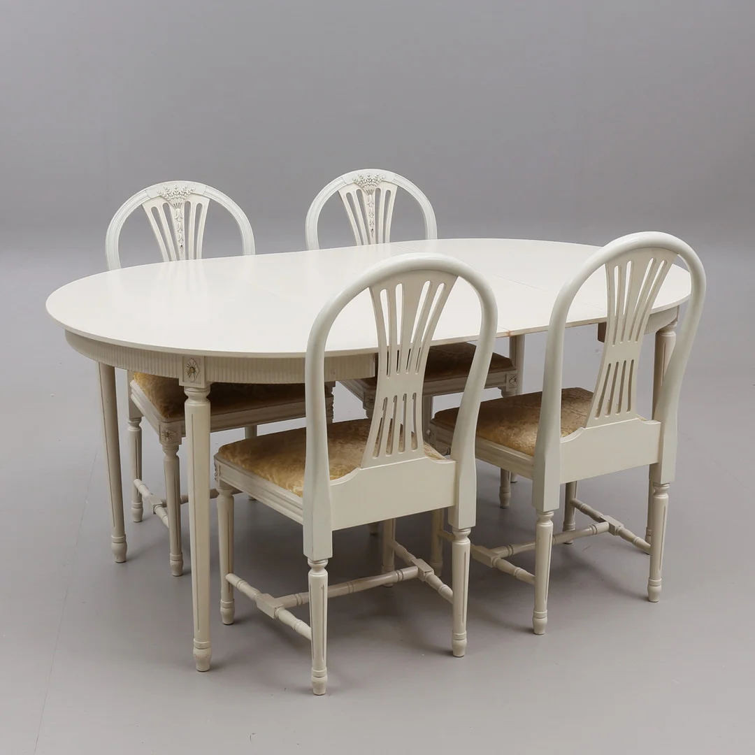 MATGRUPP, 5 delar, gustaviansk stil, 1900-talets andra hälft. — Dining room furniture — Auktionshuset Thelin & Johansson