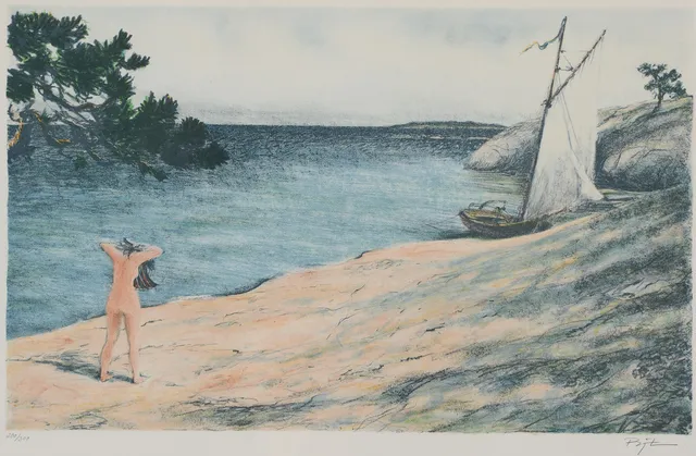 BJÖRN LINDROTH. Kvinna på klipporna, färglitografi, signerad, 200/300.