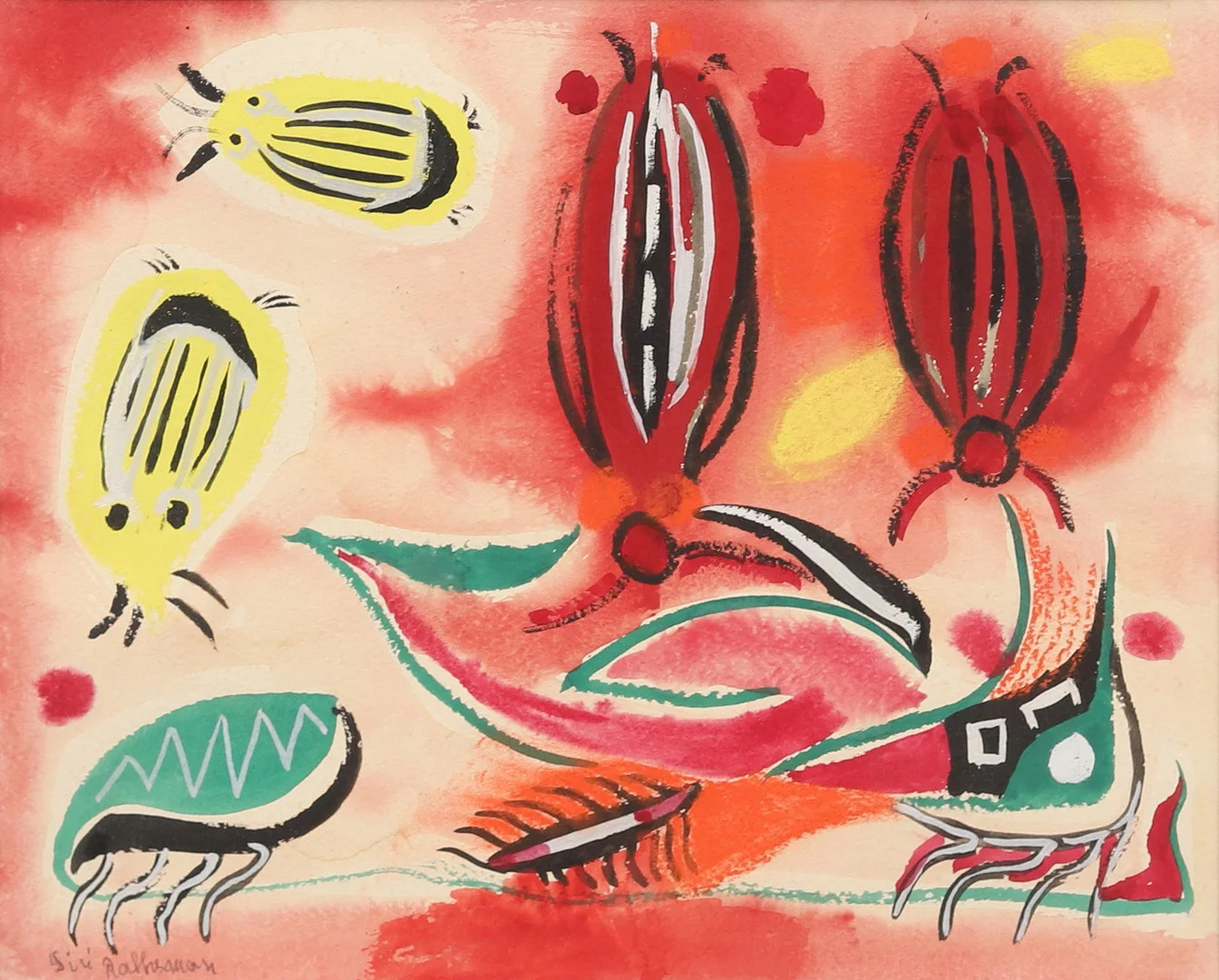 SIRI RATHSMAN (1894-1974). Komposition med djur, blandteknik, signerad. — Paintings — Garpenhus Auktioner