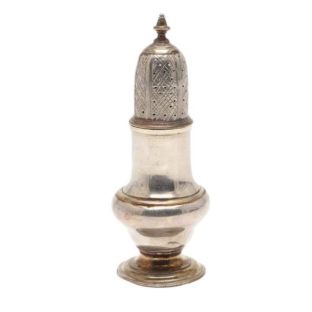 A GEORGE III SILVER BALUSTER CASTER.
