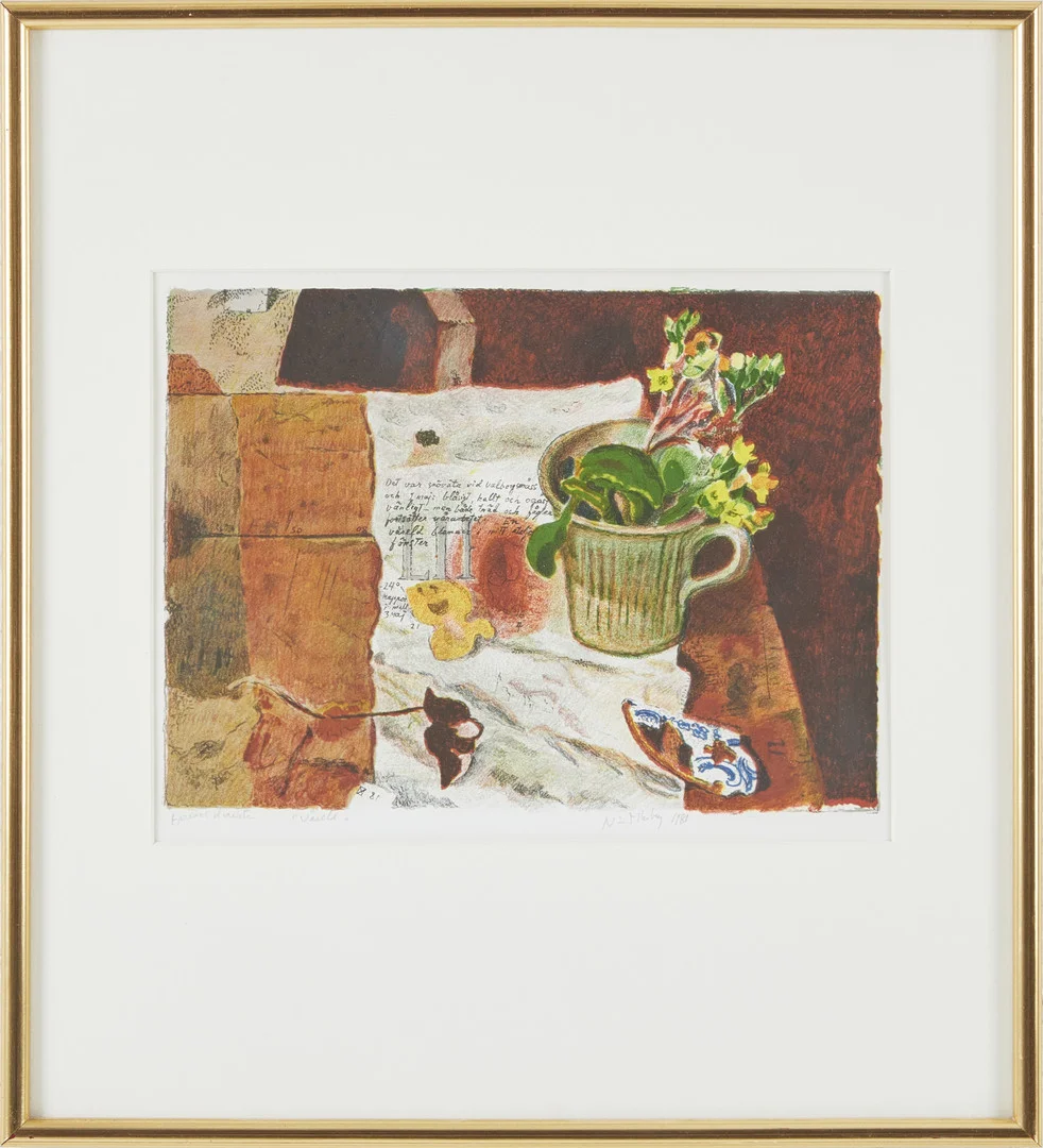 NISSE ZETTERBERG. ''Våreld'', färglitografi, signerad och daterad 1981. — Engravings & Prints — Stockholms Auktionsverk Magasin 5