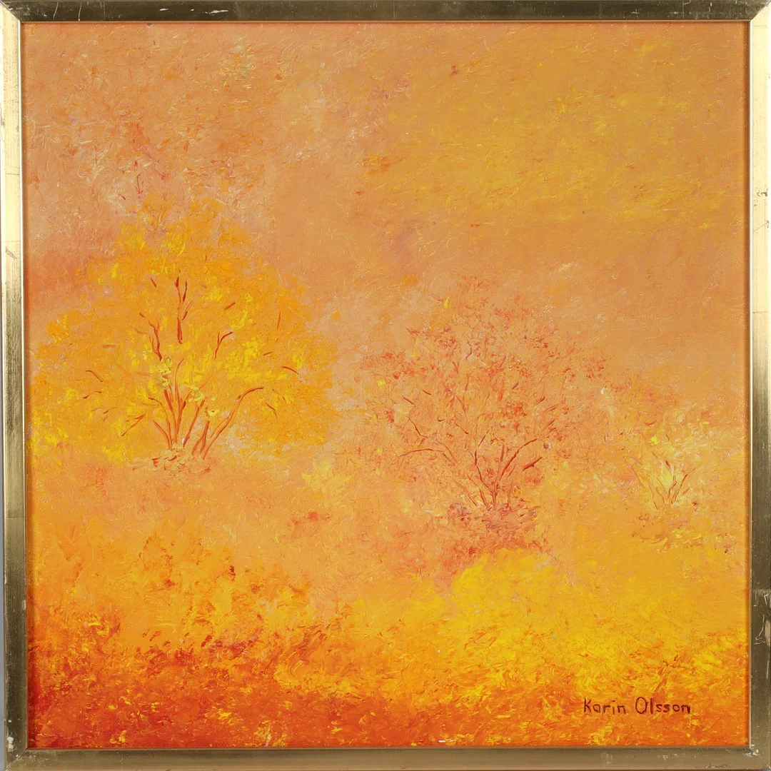 KARIN OLSSON. Sommarkväll 1972, olja på duk, signerad. — Paintings — Stadsauktion Sundsvall