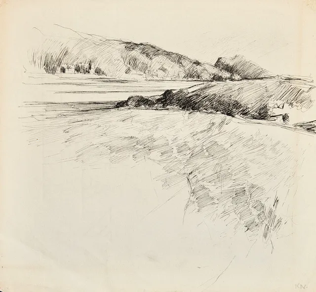 KARL NORDSTRÖM (Tjörn 1855-1923 Drottningholm). Studie av kustparti, Säbylund, signerad, tuschpenna på papper.
