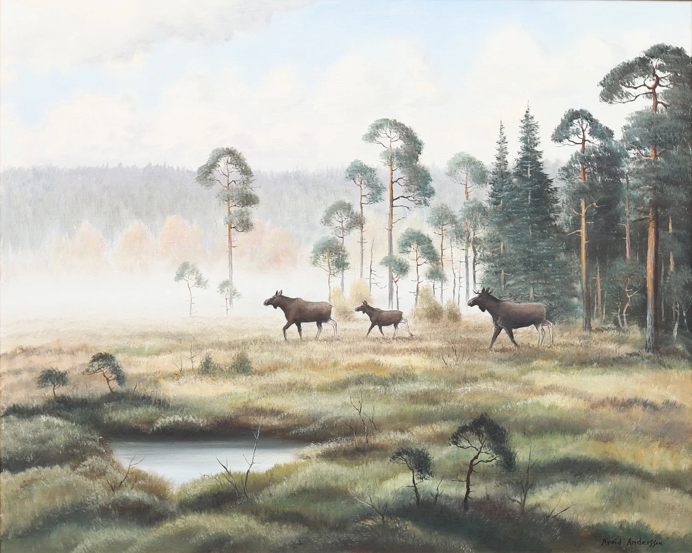 ARVID ANDERSSON. Älgar i skogslandskap, olja på duk, signerad. — Paintings — Garpenhus Auktioner