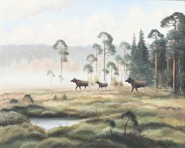 ARVID ANDERSSON. Älgar i skogslandskap, olja på duk, signerad.