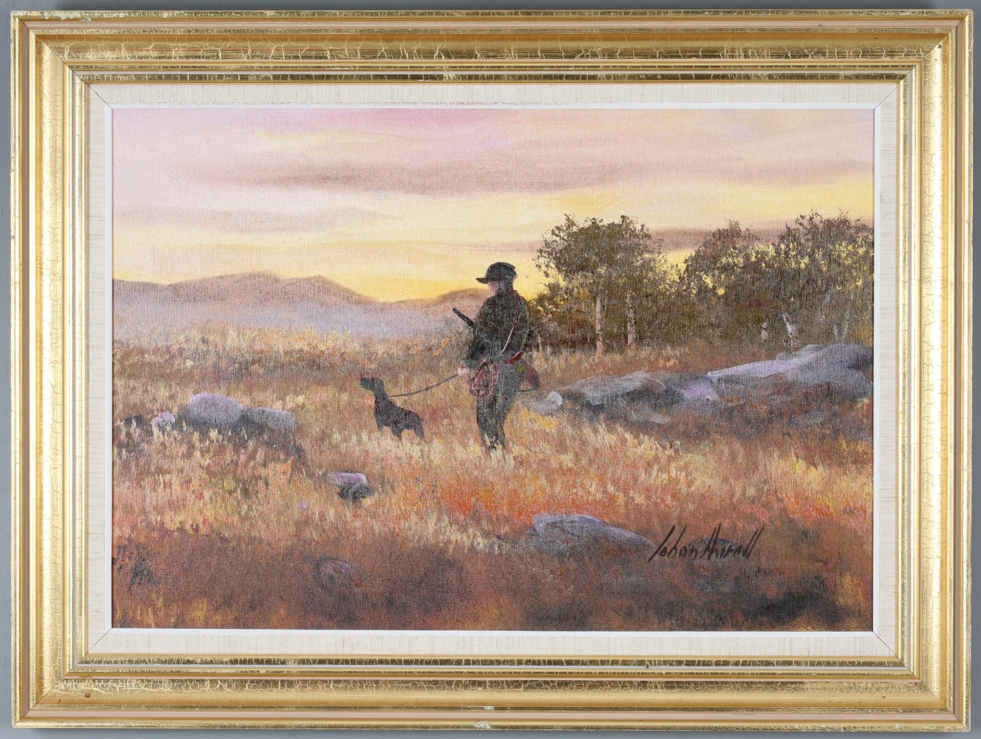 JOHAN ARVALL. Jägare med hund, olja på duk, signerad. — Paintings — Stadsauktion Sundsvall