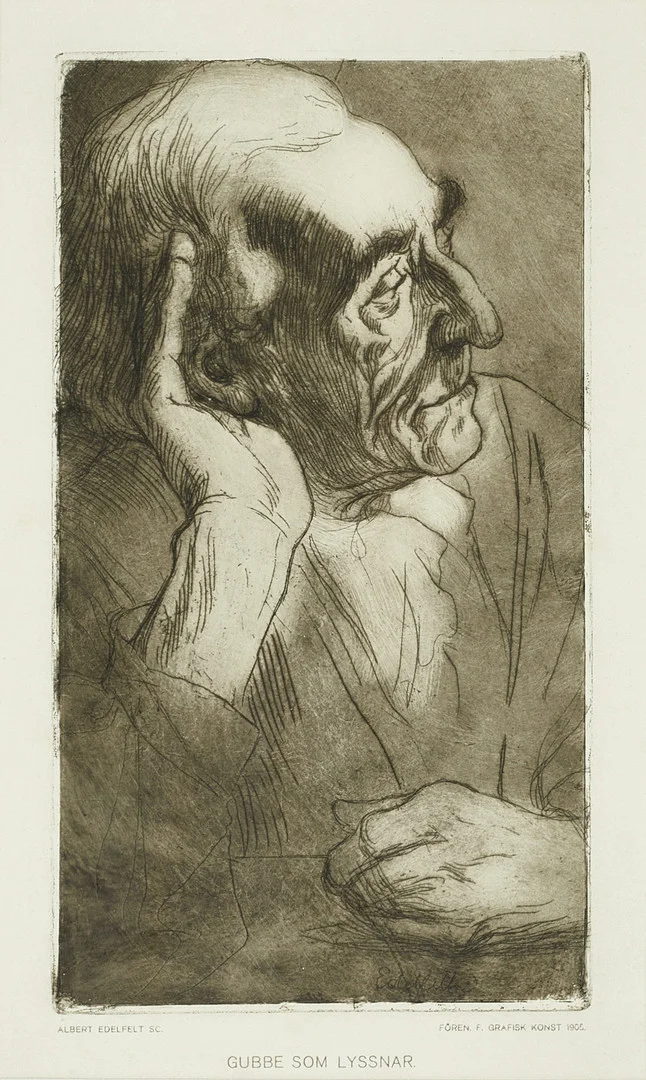 ALBERT EDELFELT (FINLAND, 1854–1905). "Gubbe som lyssnar", signerad i plåten, Föreningen för grafisk konst 1905, etsning. — Engravings & Prints — Crafoord Auktioner Stockholm