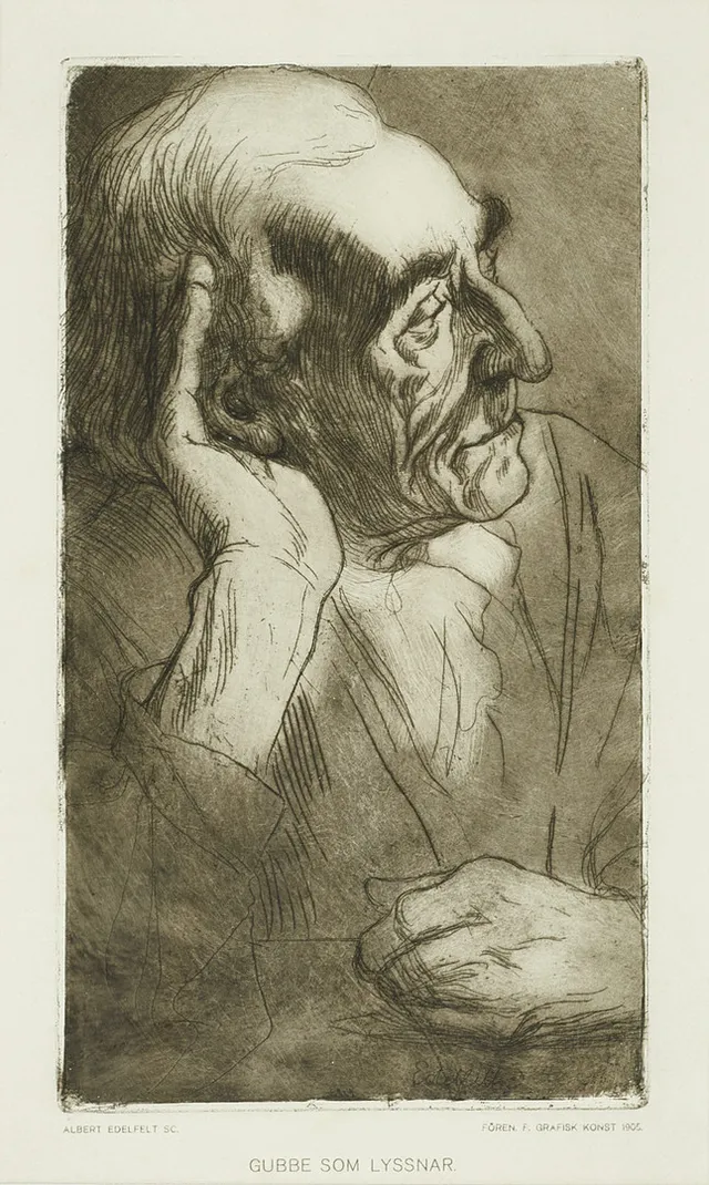 ALBERT EDELFELT (FINLAND, 1854–1905). "Gubbe som lyssnar", signerad i plåten, Föreningen för grafisk konst 1905, etsning.