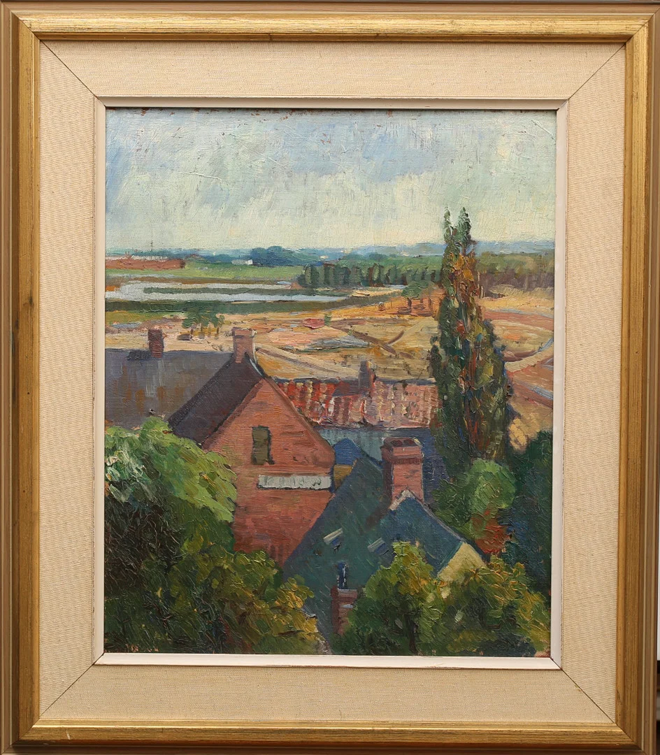 ERIK JÖNSSON, oljemålning på pannå, otydligt signerad Jönsson, motiv utsikt mot pildammarna. — Paintings — Limhamns Auktionsbyrå