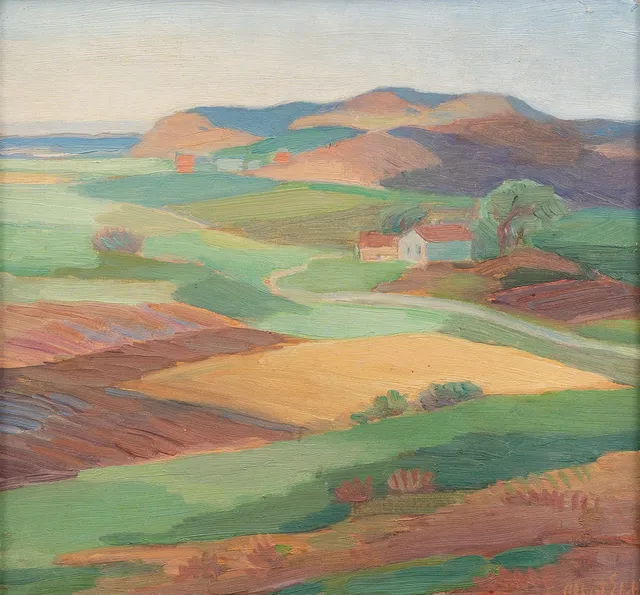ALBERT ELDH (1878–1955). Landskap med gård, olja på pannå, signerad.