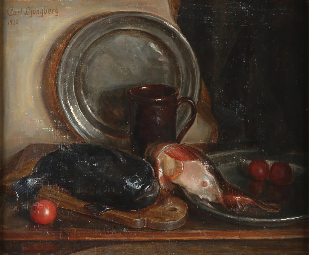 CARL LJUNGBERG. Oljemålning på duk. Stilleben med fiskar. Signerad och daterad 1930. — Paintings — Skånes Auktionsverk
