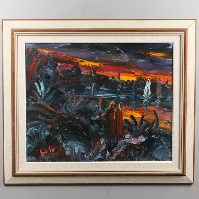 ERIK LOO. Olja på duk, impasto, "Figurscen i skymningslandskap", signerad.