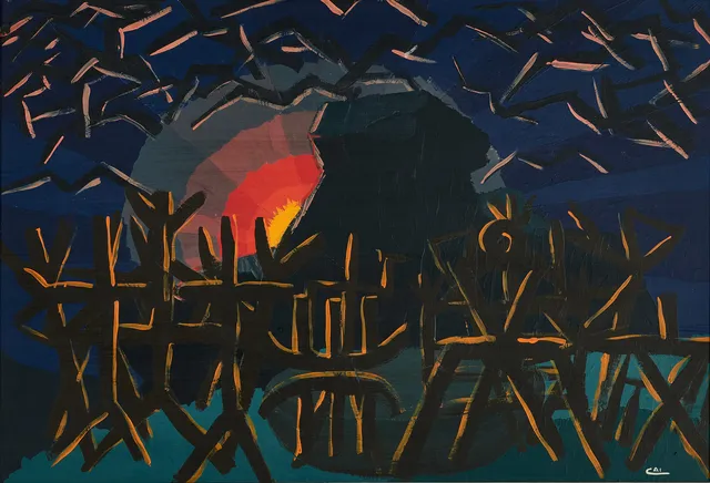 CAI POULSEN (1920 - 1997). Soluppgång - Norrland, signerad CAI, olja på pannå.
