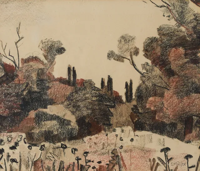 SIGURD MÖLLER. Skogsbryn, krita, signerad.