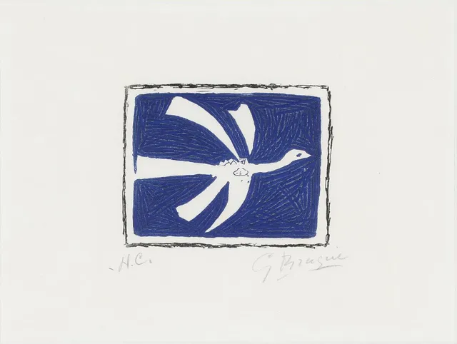 Composition from the series “Août”, 1958. Signed G. Braque, H.C. Aquatint in colours. Visible size 21×28 cm.