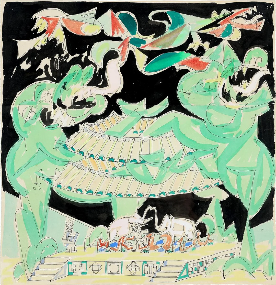 Stage Design for “Nattergalen”, 1946. Unsigned. Watercolour and ink on paper. Sheet size 49×48 cm. — Modern Paintings/Modern art — Bruun Rasmussen