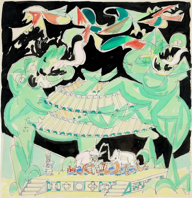 Stage Design for “Nattergalen”, 1946. Unsigned. Watercolour and ink on paper. Sheet size 49×48 cm.