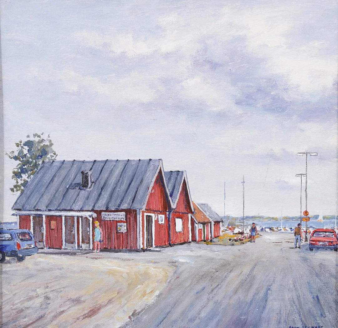 EGON LENNART KARLSSON. "Hamnen, Torhamn". Olja på pannå, signerad. — Paintings — Växjö Auktionskammare