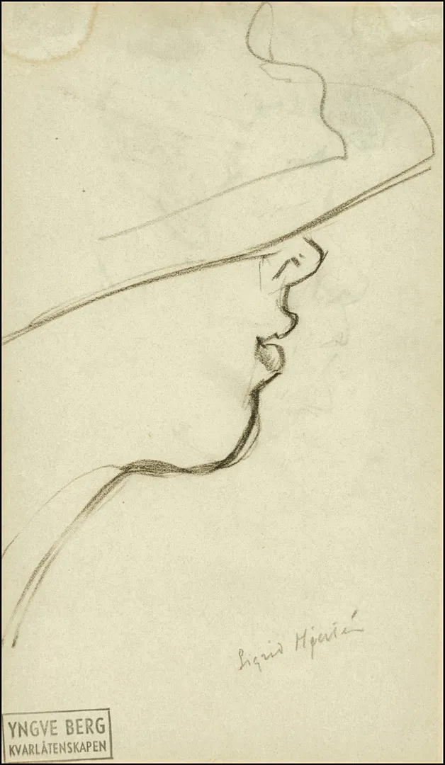 YNGVE BERG (1887-1963), ”Sigrid Hjertén”- i profil, även teckning a tergo "Kassan på Café Versailles", påskrifter/titlar, blyerts.