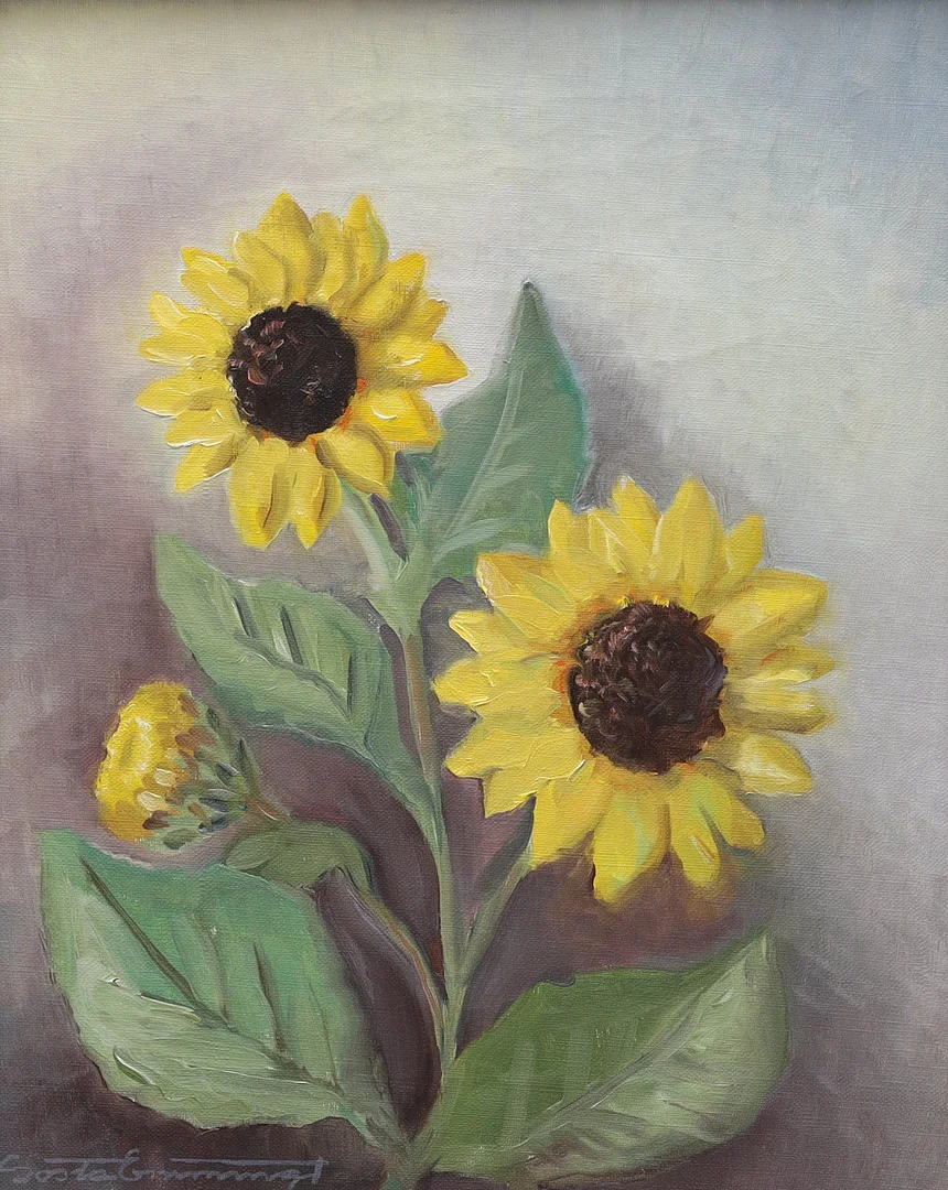 GÖSTA EMMING. olja på duk, solrosor, signerad Gösta Emming. — Paintings — Auktionsmagasinet Vänersborg