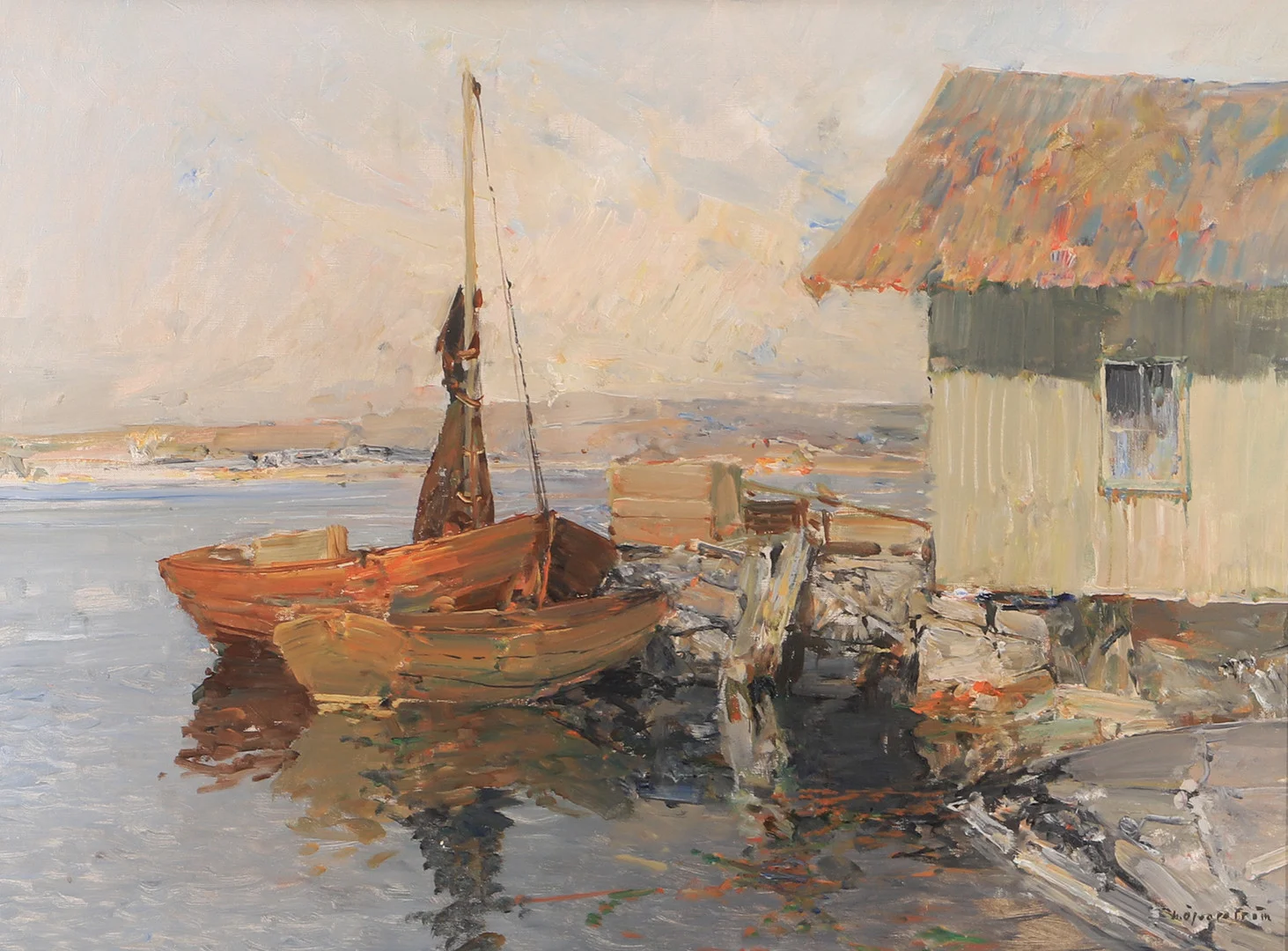 HUGO ÖFVERSTRÖM. Båtar vid fiskestuga, olja på duk, signerad H. Öfverström. — Paintings — Helsingborgs Auktionskammare