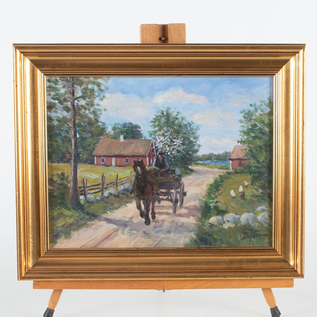 BROR JÖNSSON. Olja på duk, häst och vagn i lantlig miljö. — Paintings — Laholms Auktionskammare