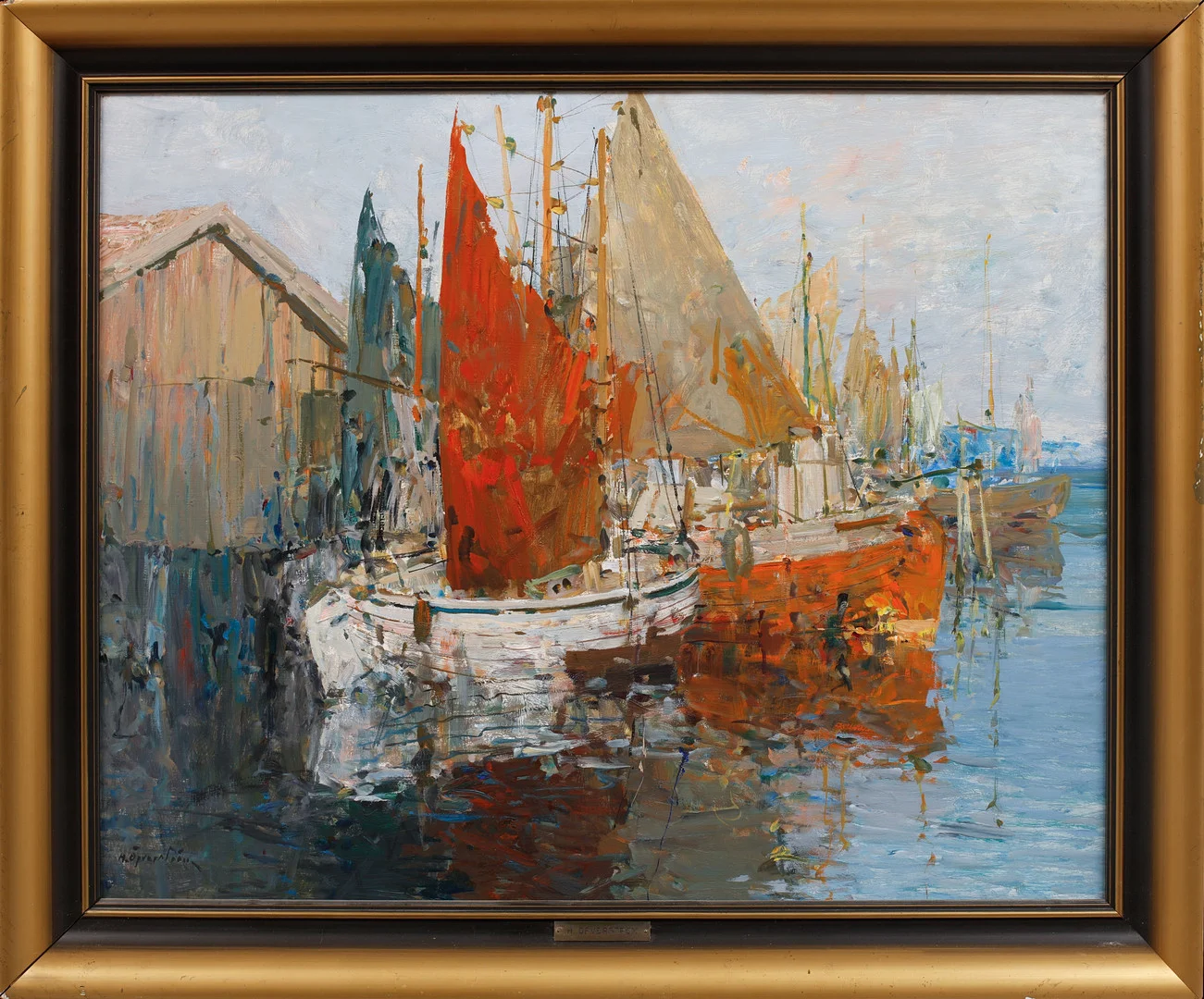 HUGO ÖFVERSTRÖM. Fiskeläge med båtar, olja på pannå, signerad. — Paintings — Göteborgs Auktionsverk