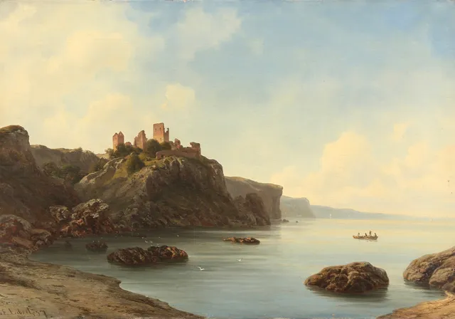 GEORG EMIL LIBERT (1820-1908). Parti fra Bornholm med Hammershus i baggrunden, olie på lærred, 1857.